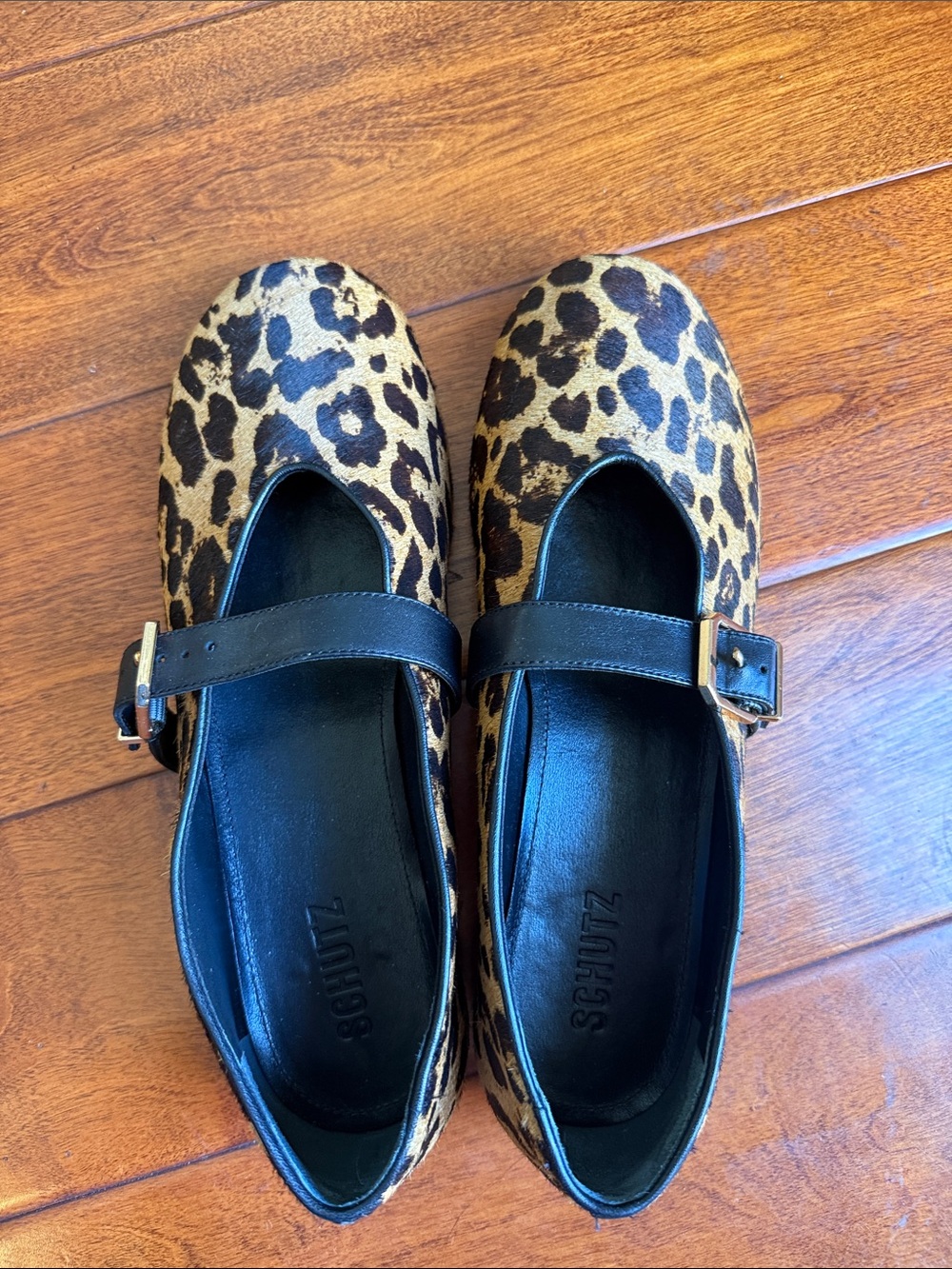 SCHUTZ Leopard Print Mary Jane Flats with Black Strap